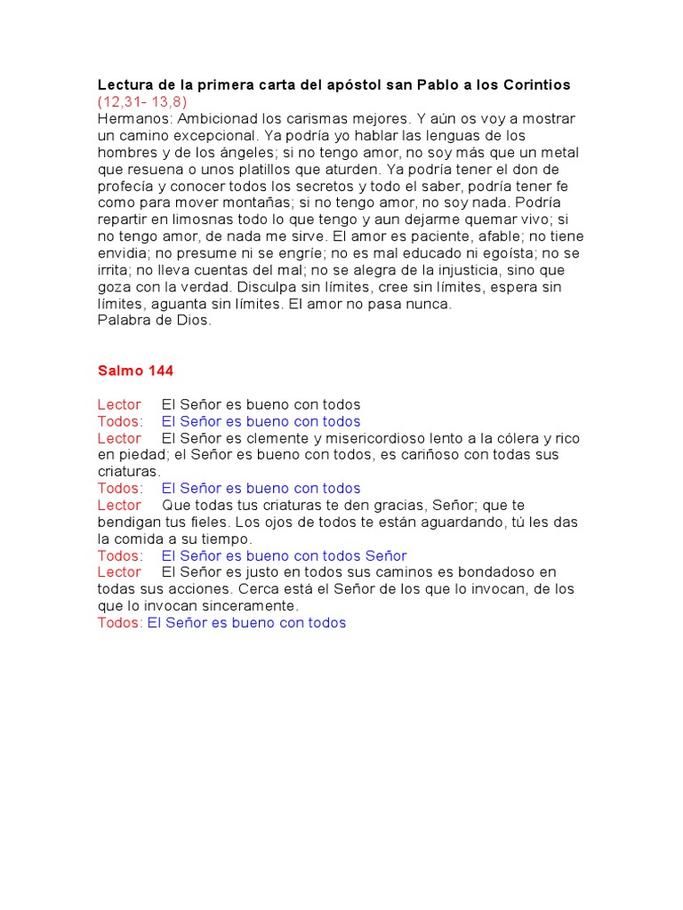 Lectura de La Primera Carta Del Apóstol San Pablo A Los Corintios PDF
