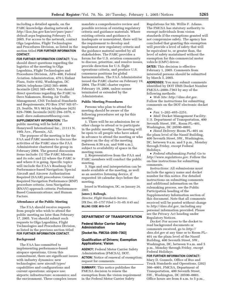 Notice Motor Carrier Safety Standards Driver Qualifications— Adams