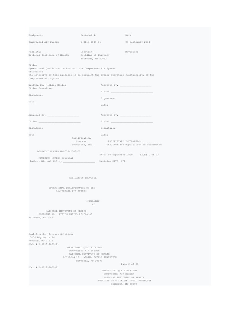 Operational Qualification For Compressed Air System. PDF