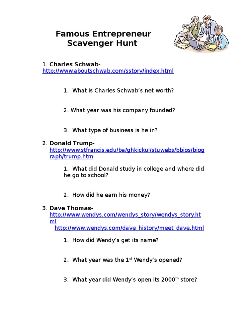 Famous Entrepreneur Scavenger Hunt PDF Business Business (General)
