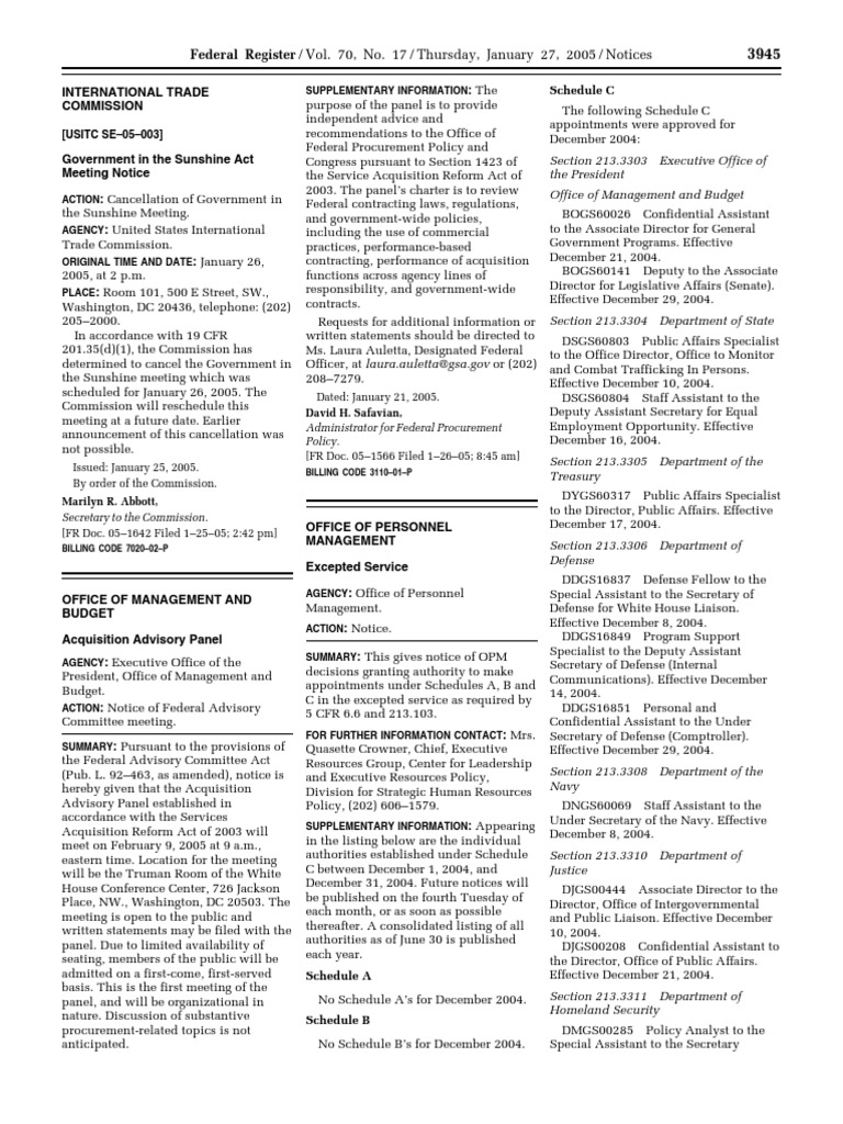 Notice: Excepted Service: Schedules A, B, and C Positions Placed or ...