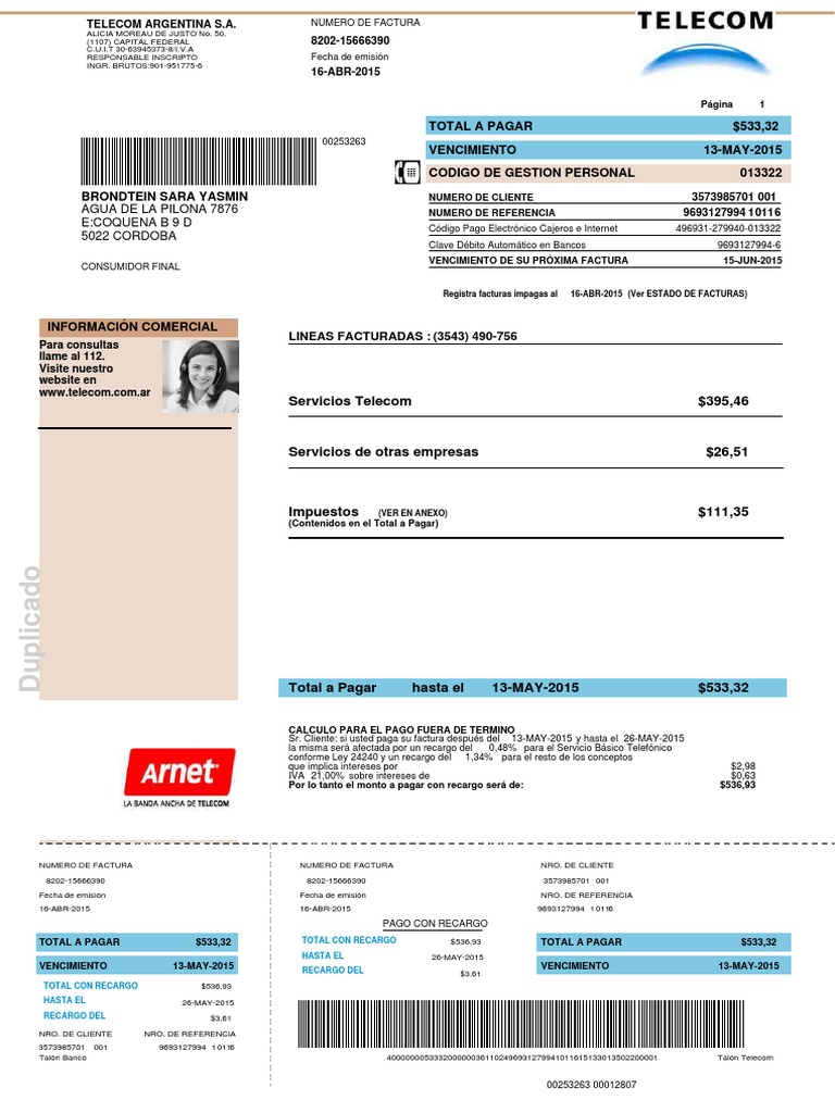 Factura Telecom Argentina Detallada | PDF | Tarjeta de débito | Factura