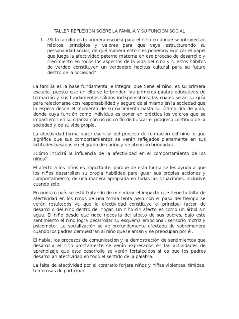 Taller Reflexion Sobre La Familia y Su Funcion Social | PDF | Familia ...
