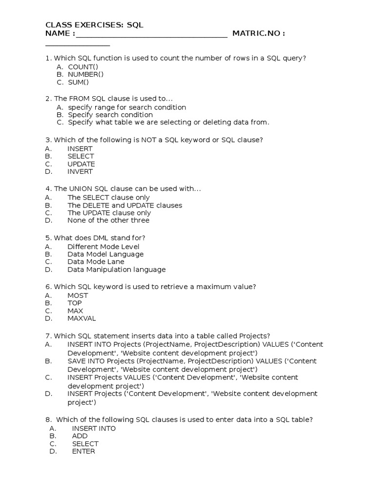 SQL-Multiple Choice Question | Sql | Table (Database)