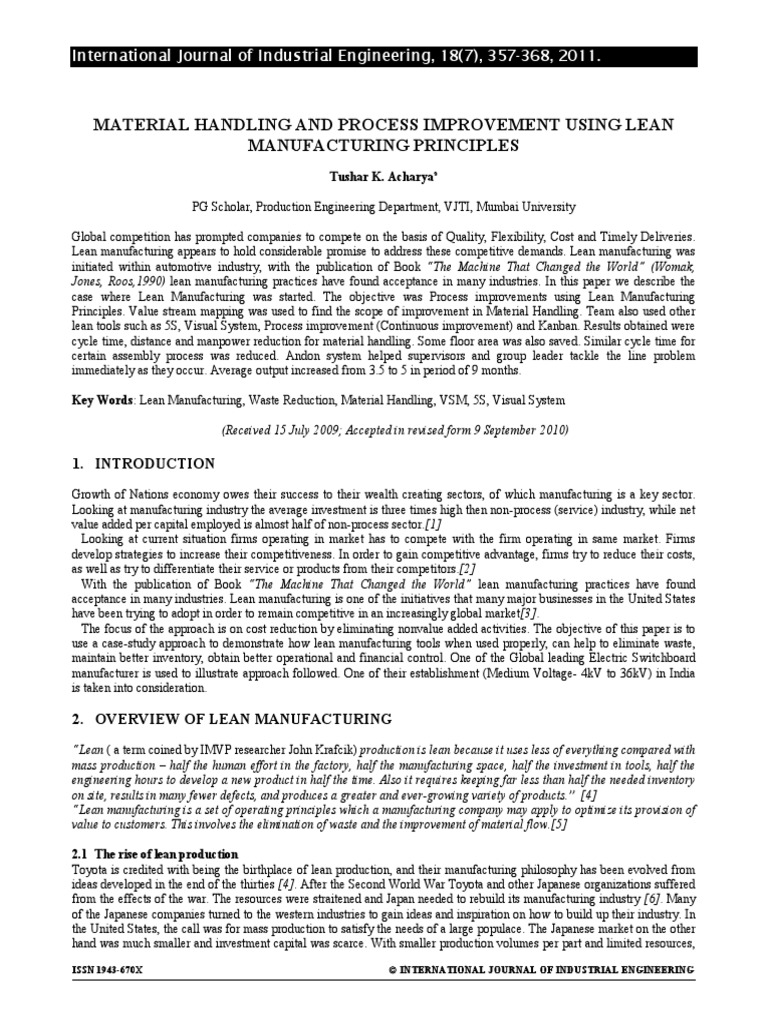 Material Handling and Process Improvement Using Lean Manufacturing ...