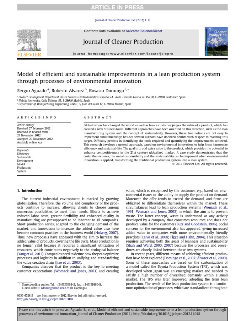Aguado 2012 Journal of Cleaner Production PDF Lean Manufacturing