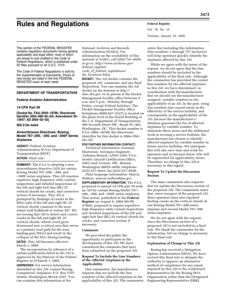 Boeing 767 Airworthiness Directive AD 2005-02-02 | PDF | Federal ...