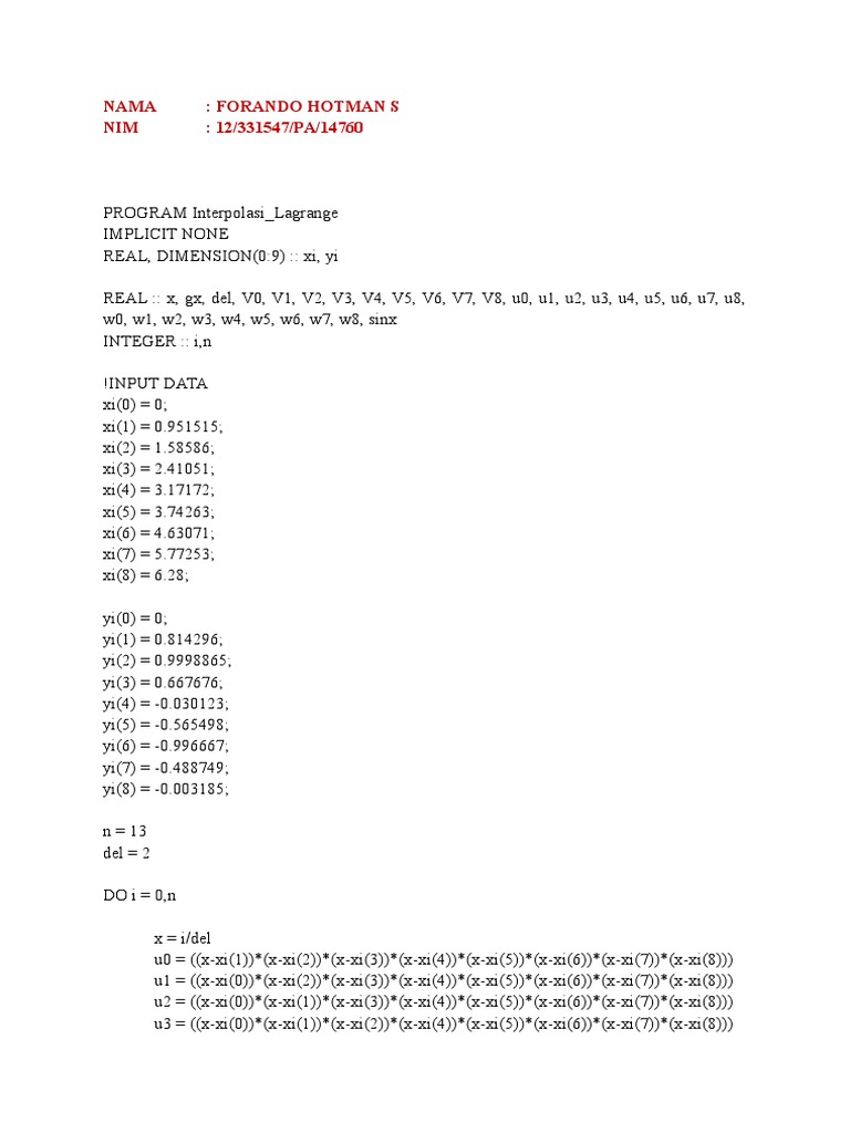 Lagrange Interpolation Program Code | PDF