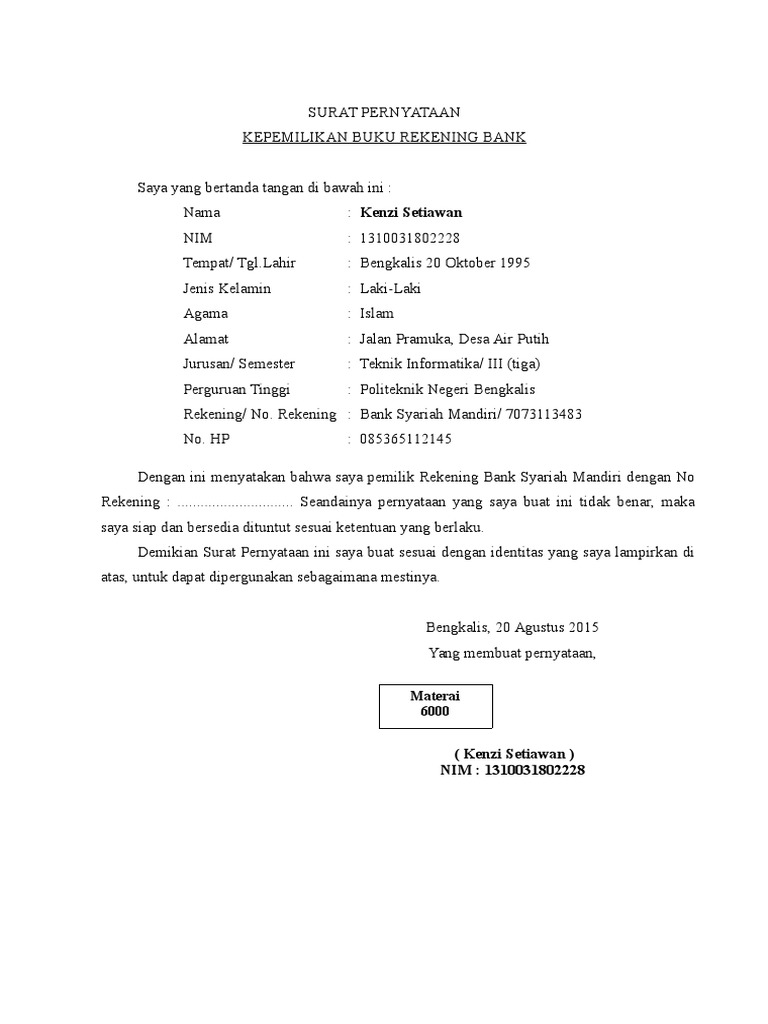 Contoh Surat Pernyataan Kepemilikan Buku Rekening