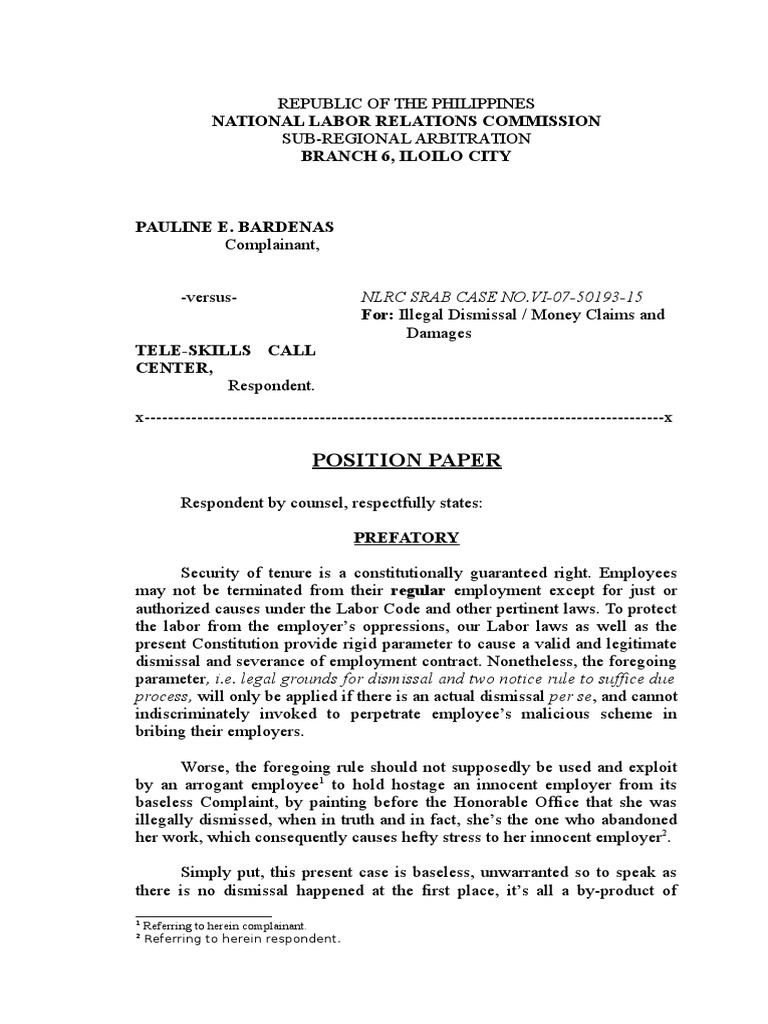 Position Paper Labor Case PDF Employment Complaint