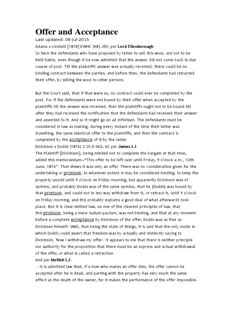 Offer and Acceptance_cases Offer And Acceptance Contract Law