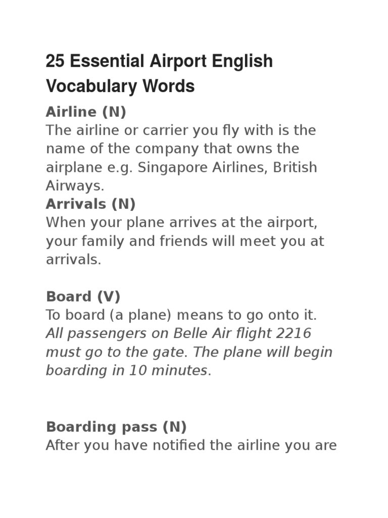 25 Essential Airport English Vocabulary Words PDF Baggage Airlines