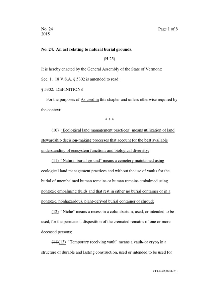 Natural Burial Law VT Act 24 PDF Burial Cemetery