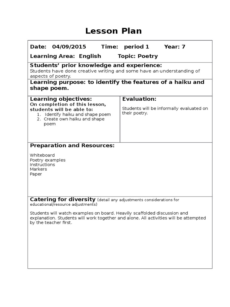 Grade 7 Poetry Lesson Plan: Haikus & Shapes | PDF | Haiku | Poetry