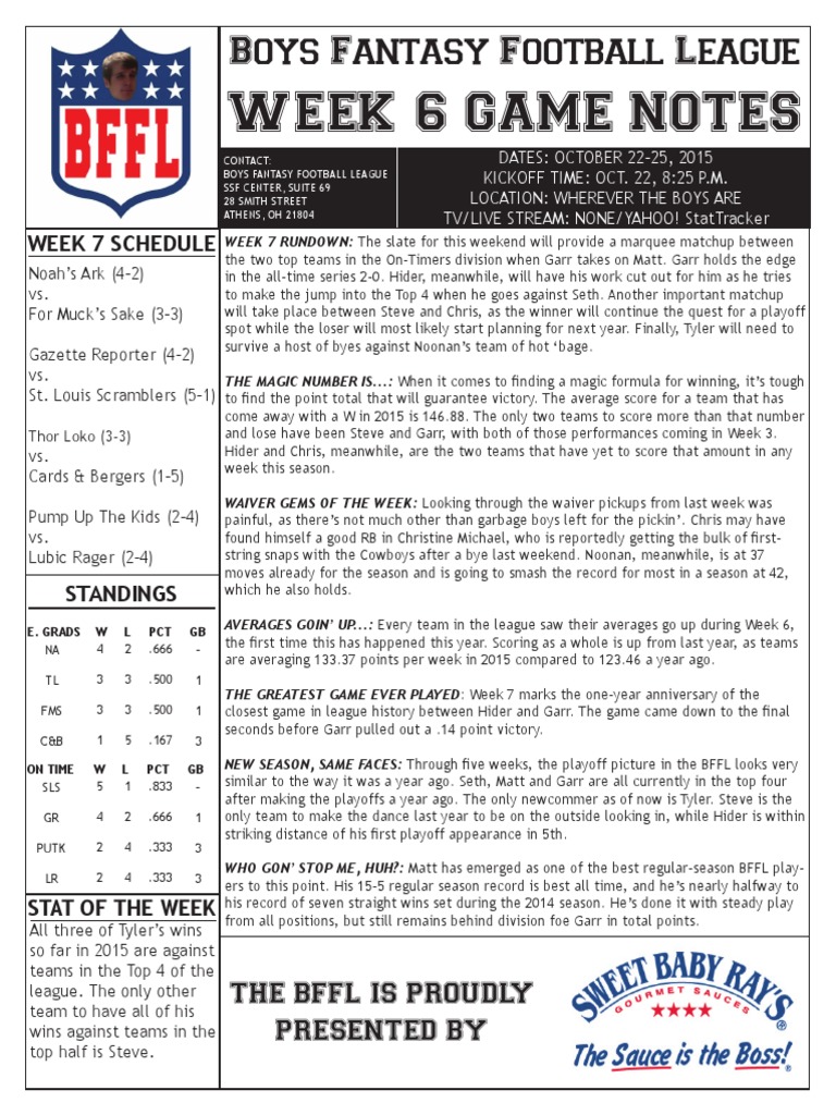 Week 6 Game Notes: Boys Fantasy Football League | PDF | National ...