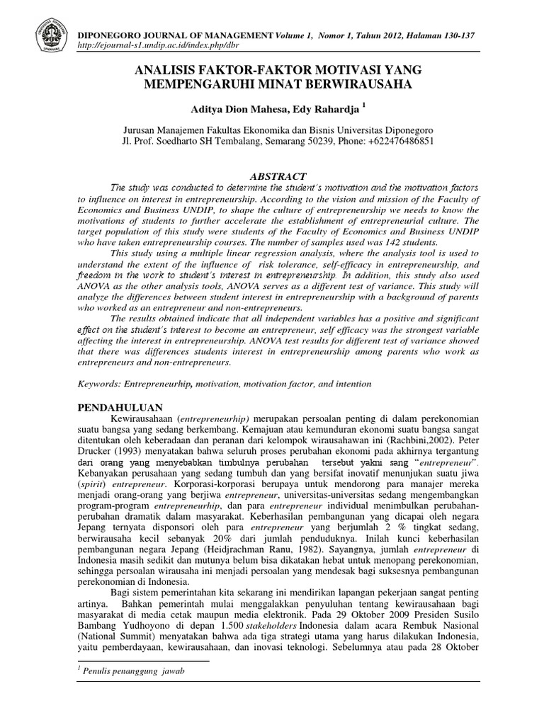 Analisis Faktor Faktor Motivasi Yang Mempengaruhi Mnat Berwirausaha