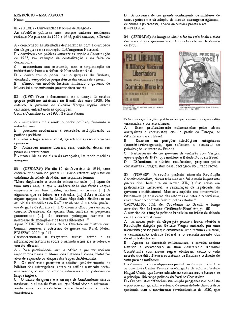 Exercícios sobre a Era Vargas no Brasil | PDF | Fascismo | Estado