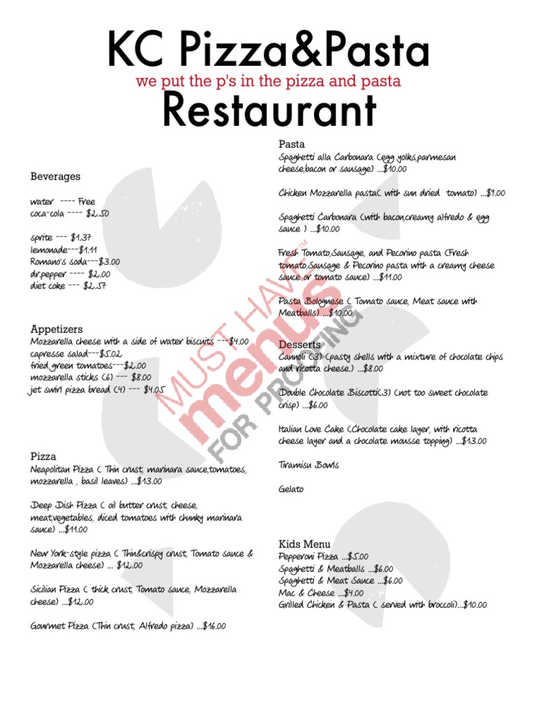 KC Pizza & Pasta Menu Highlights | PDF