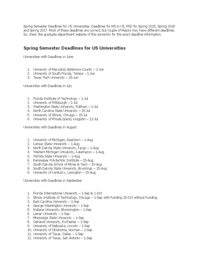 Spring Semester Deadlines For US Universities | PDF | Higher Education ...