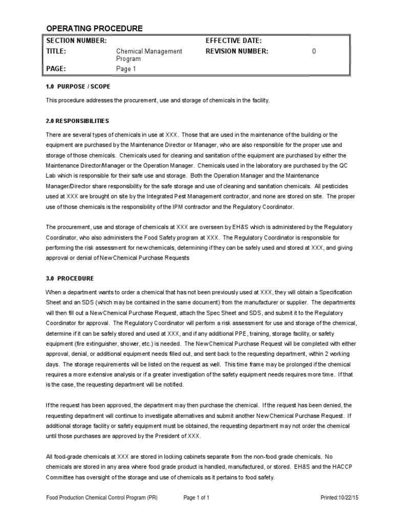 Sample Chemical Management Plan Food Safety Prevention