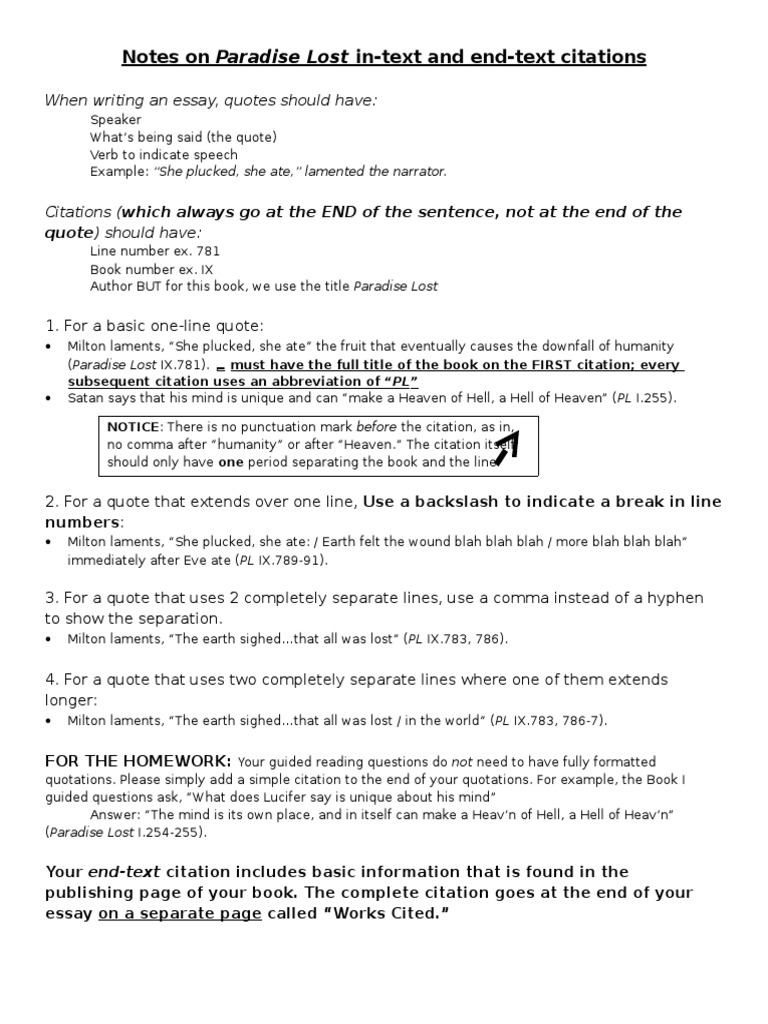Paradise Lost Quotes And Citations Practice