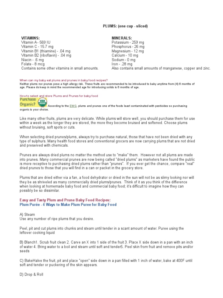 PLUMS (One Cup Sliced) Vitamins Minerals When Can My Baby Eat