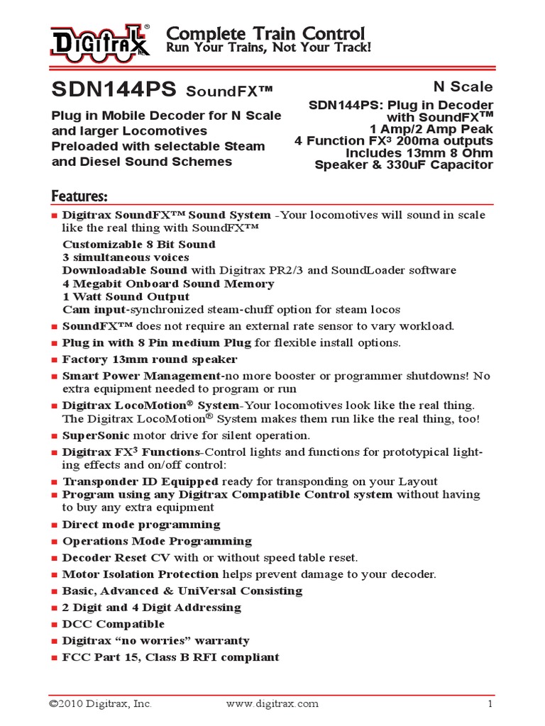 Digitrax SDN144PS Decoder Manual PDF Loudspeaker Steam