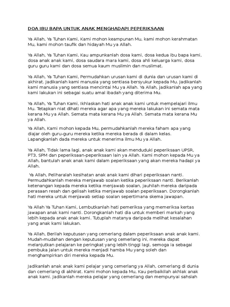 Doa Ibu Bapa Untuk Anak Menghadapi Peperiksaan