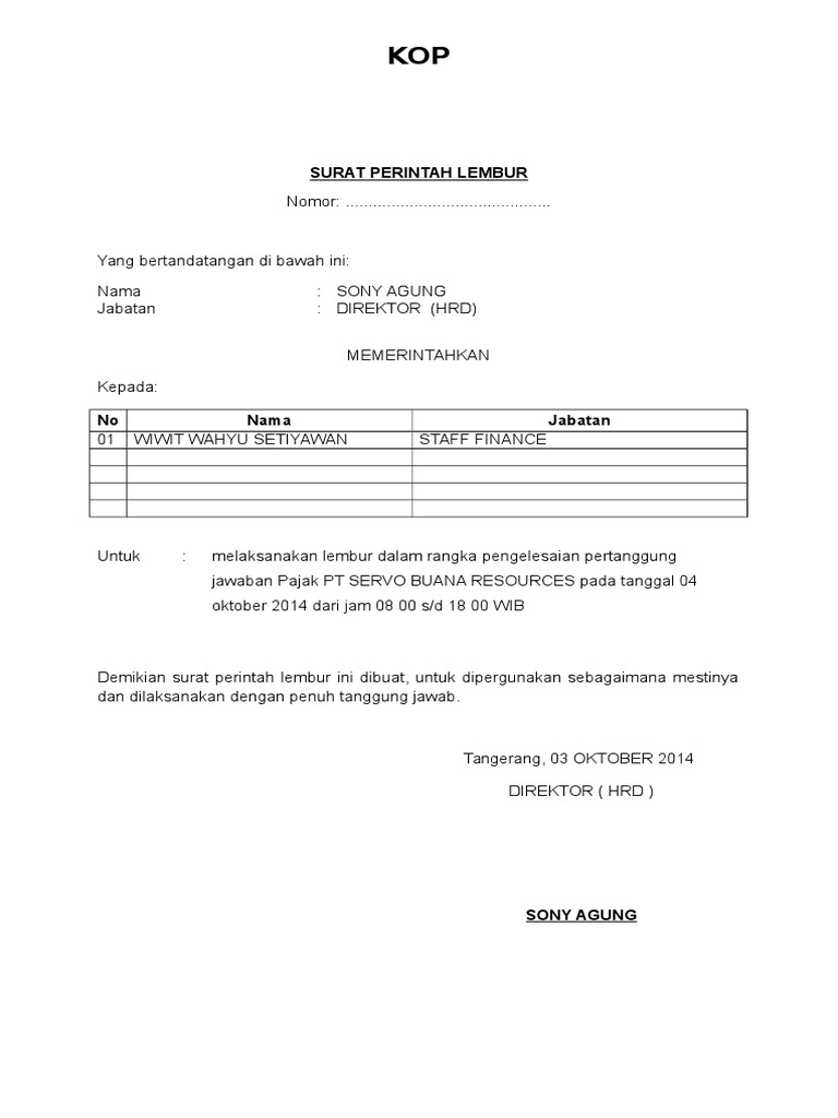 Contoh Surat Perintah Lembur