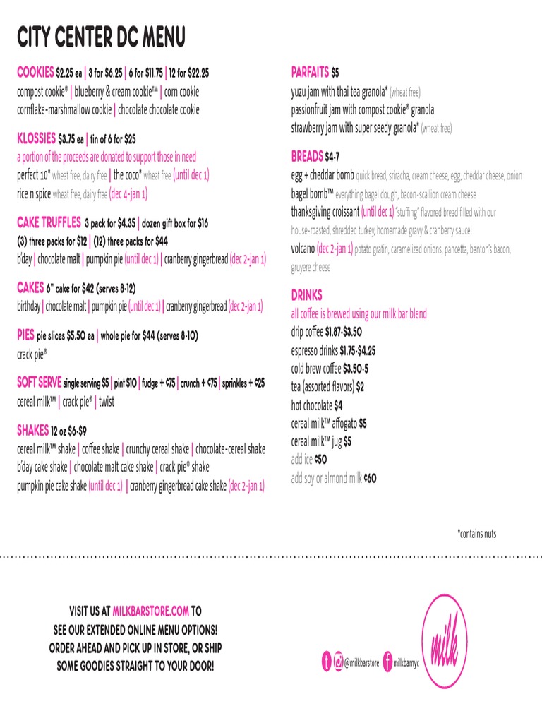 Milk Bar Menu