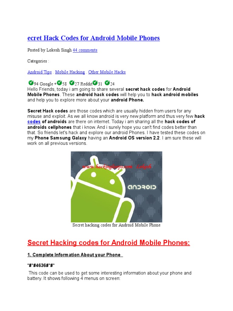 Secret Android Hack Codes Revealed | PDF | Android (Operating System ...