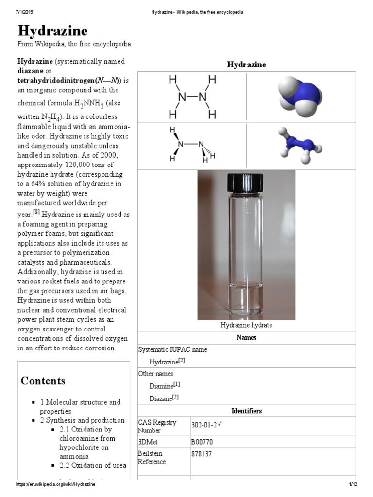 Hydrazine Wikipedia, The Free Encyclopedia Chemistry Materials