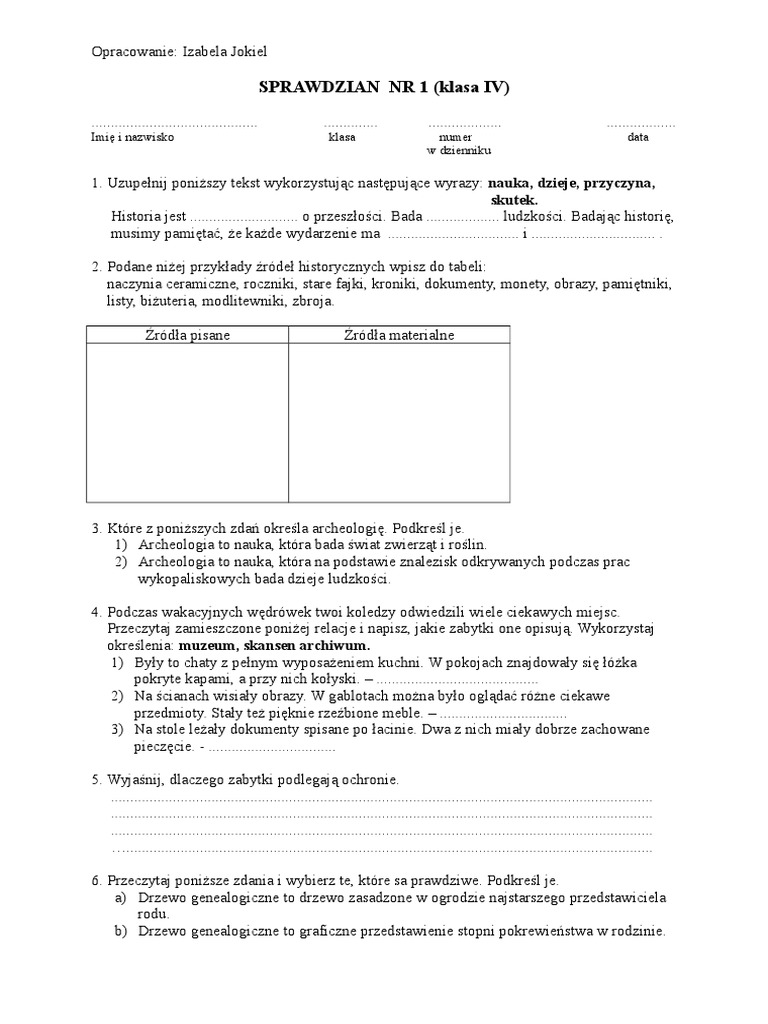 Historia Klasa 4 Dział 2 Sprawdzian