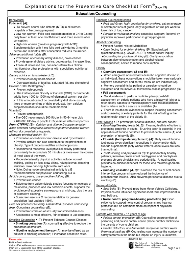 Preventive Care Checklist Form Explanations | PDF | Oral Hygiene ...