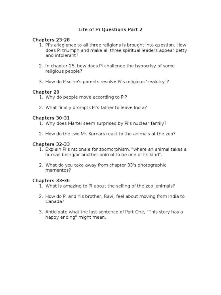 Life of Pi Questions Part Two PDF Irony