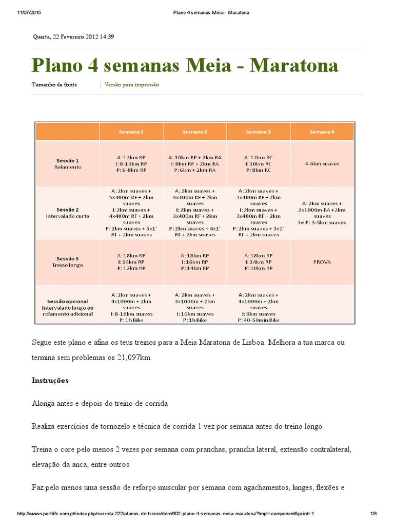 Plano 4 Semanas Meia - Maratona | PDF