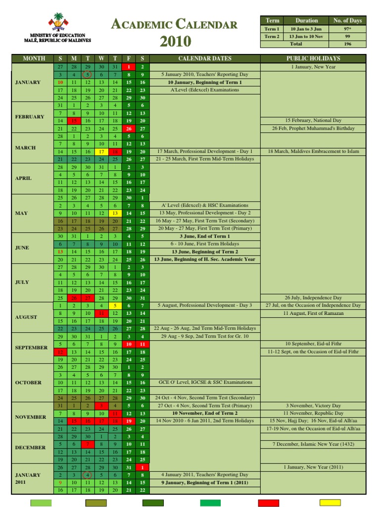 2010 Academic Calender of Maldives PDF Academic Term Educational