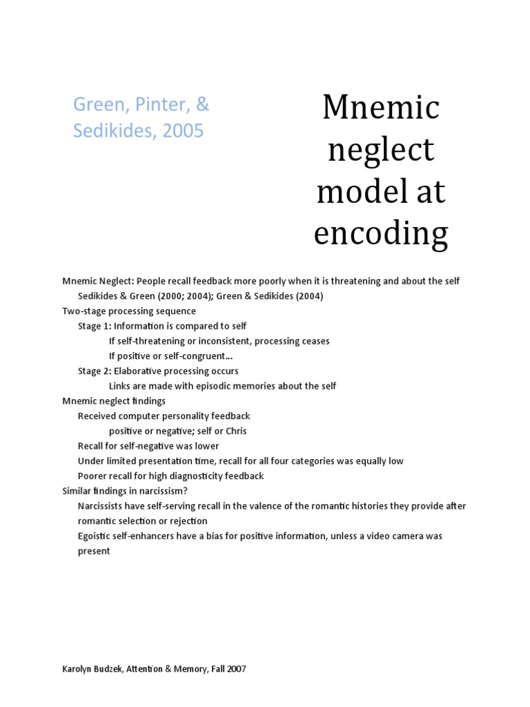 Mnemic Neglect: Self-Threatening Feedback Recall | PDF