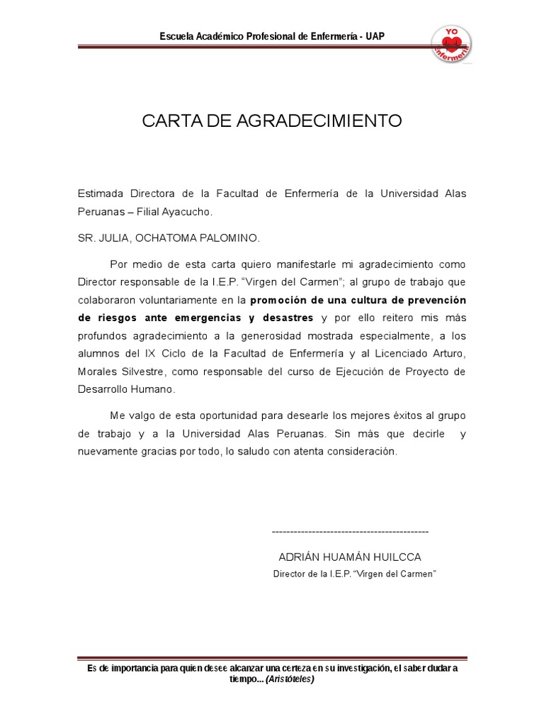 Carta De Agradecimiento Escuela Académico Profesional De Enfermería