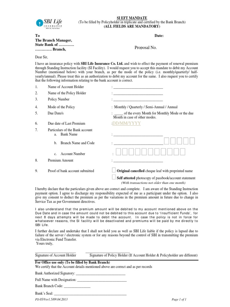 Si Eft Mandate Form Insurance Debit Card Free 30day Trial Scribd