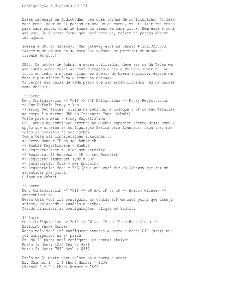 Configuração do AudioCodes MP-124 | PDF | Endereço de IP | Voz sobre IP ...