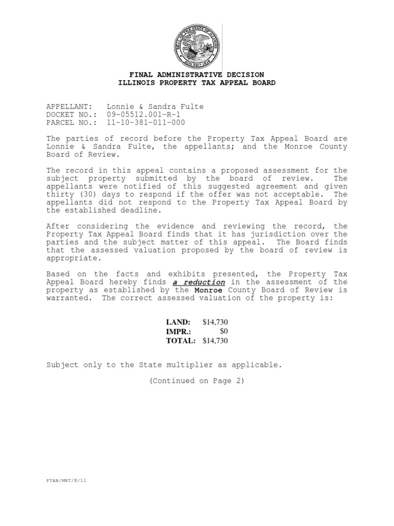 Final Administrative Decision Illinois Property Tax Appeal Board PDF
