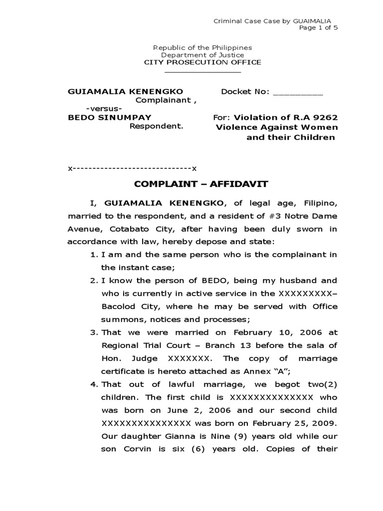 Sample Complaint Affidavit For Violation Of Ra 9262 Marriage Complaint