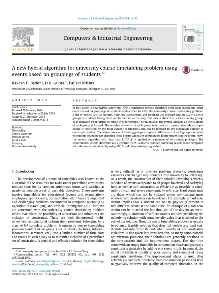 Hybrid Algorithm for Course Timetabling | PDF | Genetic Algorithm ...