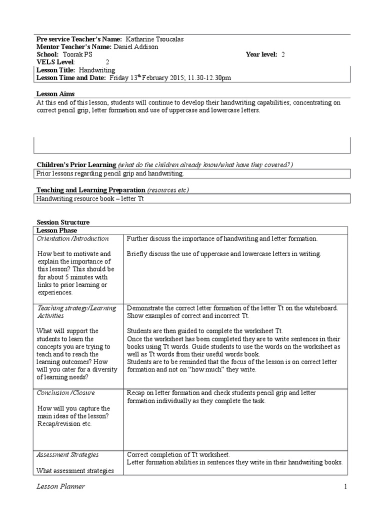 13 2 15 handwriting lesson plan Educational Assessment