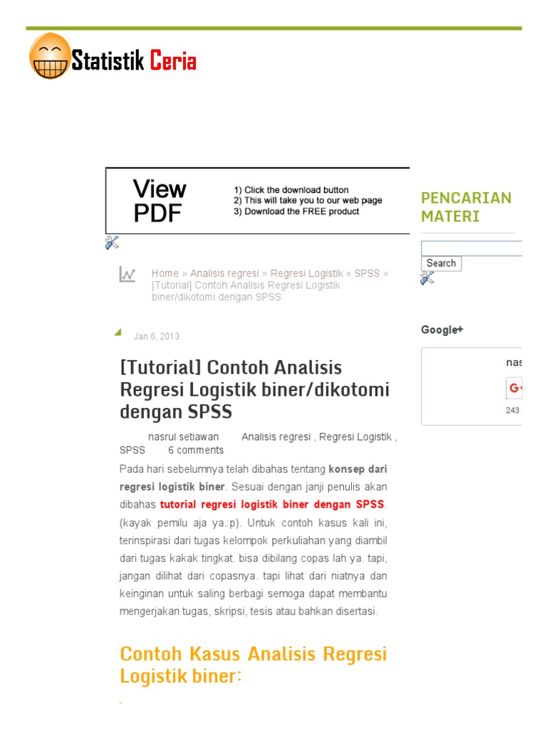 Tutorial Contoh Analisis Regresi Logistik Biner Dikotomi Dengan Spss Statistik Ceria Pdf