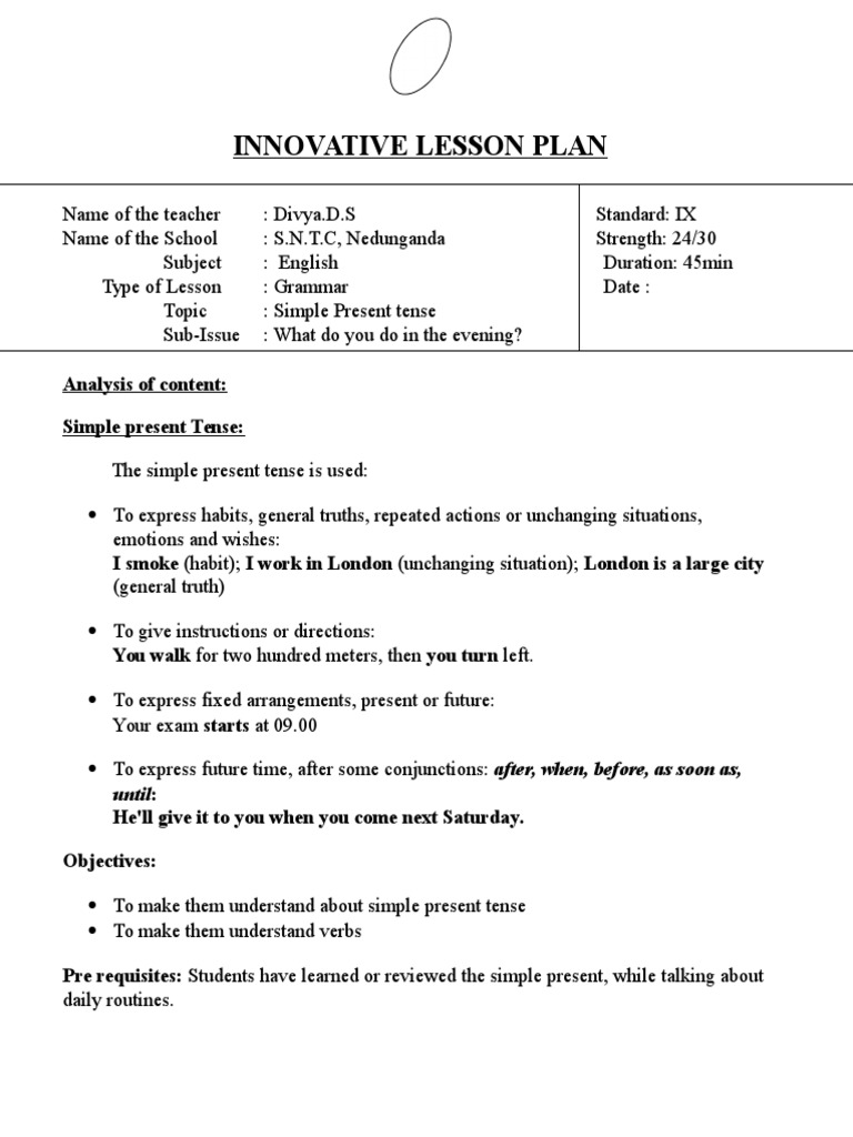 Simple Present Tense Lesson Plan | PDF | Grammatical Tense | Lesson Plan