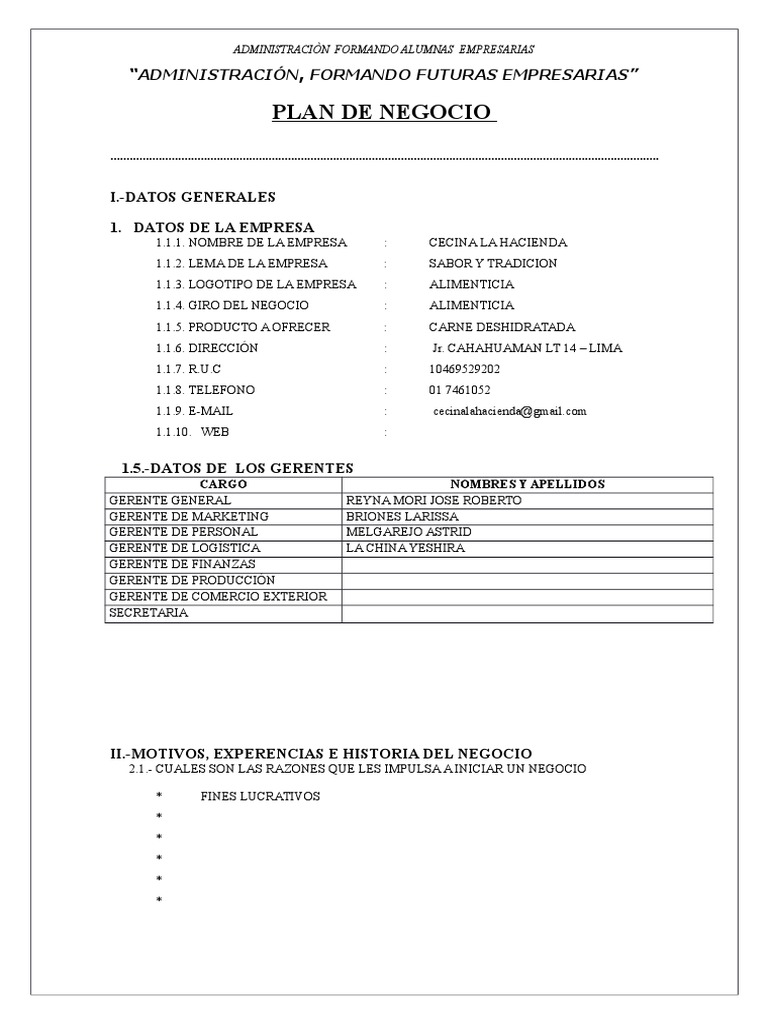 Plan De Negocio I Datos Generales 1 Datos De La Empresa An lisis