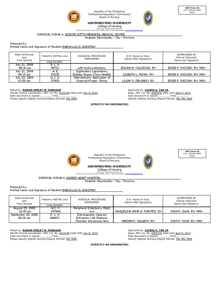 SWU Nursing Surgical Scrub Records | PDF | Nursing | Doctor Of Medicine