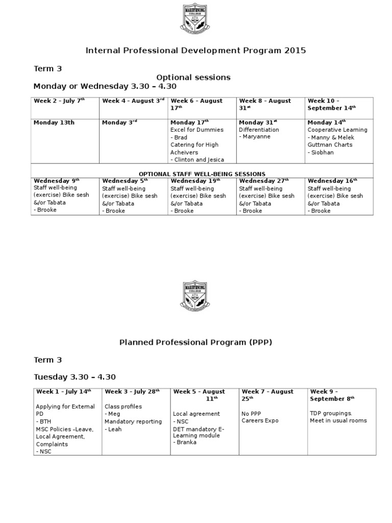 2015 Term 3 Professional Development Schedule | PDF